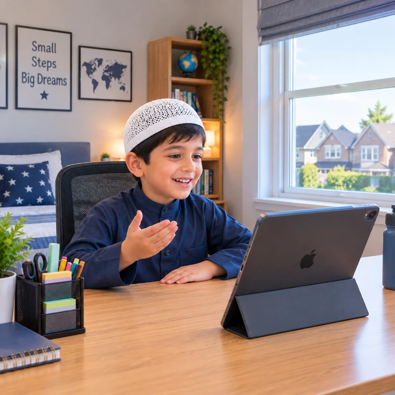 Child attending an online Quran class from home